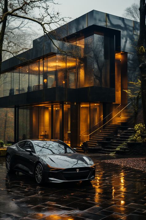 A modern luxurious car is parked in front of a stylish home. This is an AI artwork designed by using Midjourney. Luxe Auto's, Luxury Exterior, تصميم داخلي فاخر, Maserati Quattroporte, Fast Car, Fancy Houses, Modern Mansion, Hus Inspiration, Luxury Homes Dream Houses