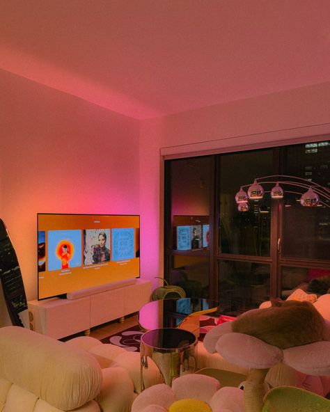 Dream apartment: night time edition✨ Comment “lighting” for the link to the tv light strips I’m using in my apartment.💡 #homedecor #apartmentdecor #cityapartment #dreamapartment #apartmentliving #huelights #huelightstrips #huelighting Apartment With Led Lights, Tv Light, Vibey Apartment, Cottage Village, Minimalist Living Room Apartment, Cozy Studio Apartment, Calming Interiors, Simply Home, Dream Apartment Decor