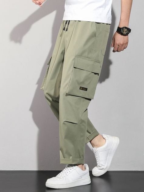 Army Green Street   Polyester Letter Cargo Pants Embellished Non-Stretch Spring/Summer/Fall Men Bottoms Men’s Cargo Pants Outfit, Earth Tone Outfits Men, Mens Trouser, Denim Outfit Men, Pants Embellished, Man Trousers, Aw 23, Cargo Outfit, Baggy Cargo Pants