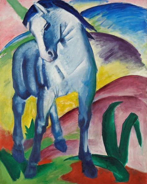 Dive into the vibrant world of Franz Marc with "Blue Horse I," a masterpiece from 1911 that embodies the spirit of German Expressionism. 🐴💙 Marc, a visionary artist and co-founder of Der Blaue Reiter (The Blue Rider), frequently used animals, particularly horses, to symbolize purity and spirituality. In "Blue Horse I," he moves beyond realism, using bold colors and abstract forms to convey profound emotions and states of being. The painting features a striking blue horse set against a livel... Horse White, Blue Rider, Painted Horses, Istoria Artei, Franz Marc, Horse Art Print, Horse Posters, German Expressionism, Art Exhibition Posters