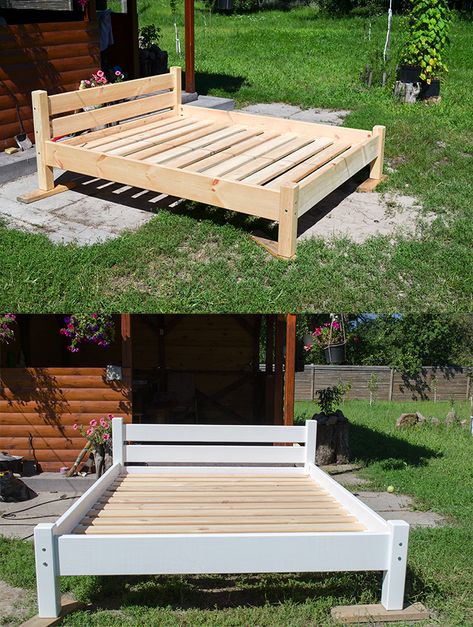 Simple Full Size Bed Frame Diy, Elevated Bed Platform, Simple Wooden Bed, Diy Seng, Diy Platform Bed Frame, Diy Bed Frame Easy, Farmhouse Bed Frame, Pine Wood Furniture, Reclaimed Wood Beds