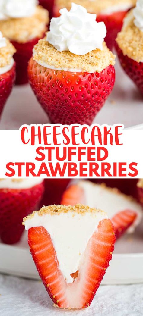 Strawberry Stuffed Cheesecake, Cheesecake Filled Strawberries, Cheesecake Stuffed Strawberries, No Bake Cheesecake Filling, Cheesecake Strawberry, Stuffed Strawberries, Sweet Appetizer, Strawberry Cheesecake Recipe, Baked Cheesecake