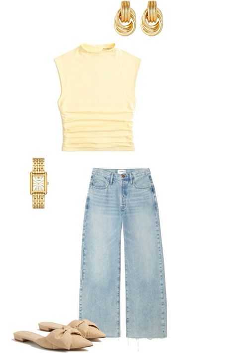 Yellow top from Abercrombie, wide leg jeans / light wash jeans from frame, watch from Tory Burch, earrings from Amazon, and flats from Tuckernuck. Summer outfit. Jeans outfit. Yellow outfit. Work outfit. Country concert outfit. Work wear. Work shoes. Outfits summer. Outfits for Italy. Outfits with jeans. Outfit advisor.  Follow my shop @maggierussell1 on the @shop.LTK app to shop this post and get my exclusive app-only content!   fashion inspo | fashion outfits | fashion aesthetic | outfit ideas | clothes for women | luxury aesthetic | minimalist | chic | old money aesthetic | coastal granddaughter | vacation outfits | European outfits | clothing pictures | young adult style | blazer outfit | linen outfit | pearls | necklace | revolve | fashion icon | fashion design | clothes design | clea Light Yellow Outfit Ideas, Light Yellow Top Outfit, Yellow Concert Outfit, Tuckernuck Summer, Summer Outfits For Italy, Outfits For Italy, Yellow Top Outfit, Outfit Country Concert, Clothing Pictures