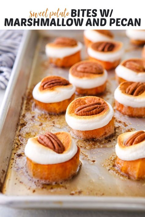 Mini Sweet Potato Casserole Bites, Thanksgiving Appetizers Sweet Potato, Sweet Potato Bites Recipes, Appetizer Thanksgiving Recipes, Fall Inspired Food Ideas, Elegant Thanksgiving Side Dishes, Sweet Potato Rounds With Marshmallows, Sweet Potato Marshmallow Bites, Vegan Sweet Potato Appetizers