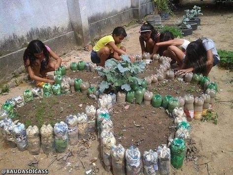 Garden ideas with plastic bottles Ideas With Plastic Bottles, Eco Bricks, Plastic Bottle House, Garden Ideas With Plastic Bottles, Indoor Water Garden, Reuse Plastic Bottles, Jardim Diy, Plants In Bottles, Eco Garden