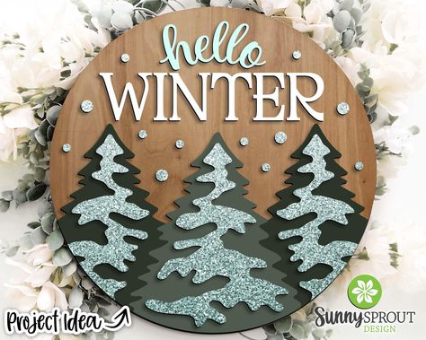 Hello Winter Snowy Pine Trees Sign, DIGITAL download, Round door hanger svg, Glowforge laser cut file, Cricut, Winter decor, Christmas svg Snowy Pine Trees, Sell Embroidery, Door Hanger Svg, Round Door Hanger, Door Hangers Diy, Winter Signs, Tree Signs, Diy Wood Signs, Round Door