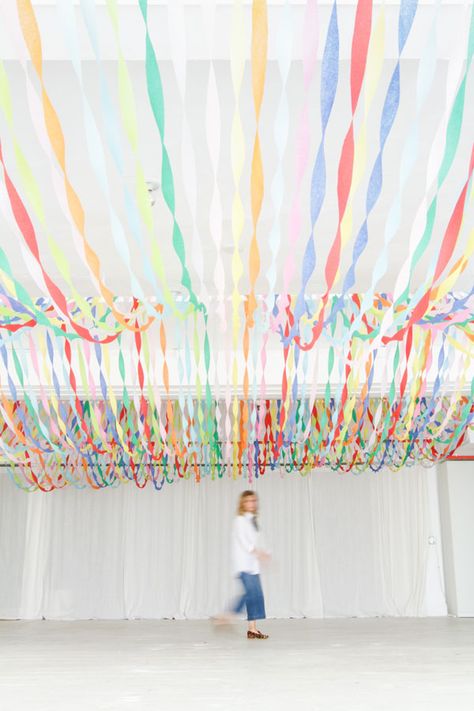 Decorating a Big Room on a Budget | Oh Happy Day! Streamer Decorations, Ceiling Decorations, Budget Party, Room On A Budget, Big Room, Paper Streamers, Hal Decor, Party Deco, Oh Happy Day