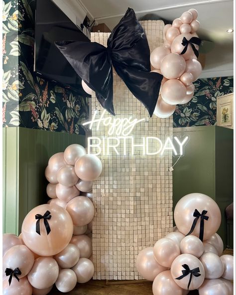 ✨Making a birthday celebration that little bit more special ✨ ( Birthday balloons. Big bow trends. Nude sequin wall. Monochrome balloon garlands ) #liverpoolballooncompany #cheshireballoons #sequinwall #balloongarlandbackdrop #luxuryballoons Neutral Balloon Decor, Bow Backdrop, White Balloons Party, Ballon Business, Baloon Garland, Black And White Balloons, Sequin Wall, Relaxing Holiday, Invitation Card Birthday