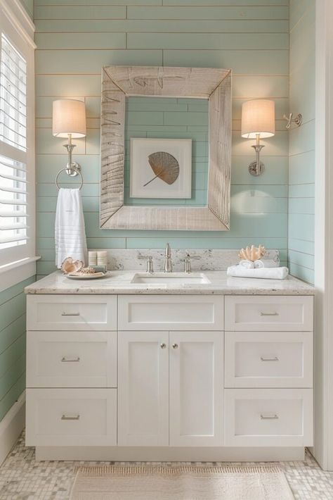 Small Coastal Bathroom Ideas, Teen Bathrooms, Beachy Bathroom, Teal Bathroom, Tropical Bedrooms, Bathroom Retreat, Themed Rooms, Chic Lighting, Shower Installation