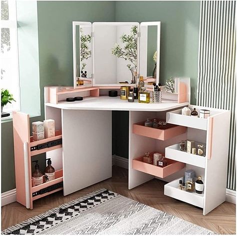 Dressing Table Ideas Bedroom, Corner Vanity Table, Corner Dressing Table, Makeup Bedroom, Modern Dressing Table Designs, Mirrored Vanity Table, Dressing Table Decor, Dressing Table With Mirror, Desk Corner