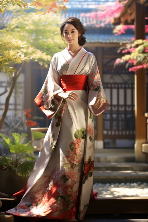 AI art of a young japanese woman wearing a traditional kimono in a traditional japanese courtyard Traditional Dresses Japan, Traditional Dresses Japanese, Japanese Traditional Dress Kimonos, Traditional Japanese Woman Kimono, Japanese Dress Traditional Kimono Japan, Japanese Kimono Hairstyle, Kimono Traditional Woman, Japanese Clothing Traditional, Japanese Traditional Outfit