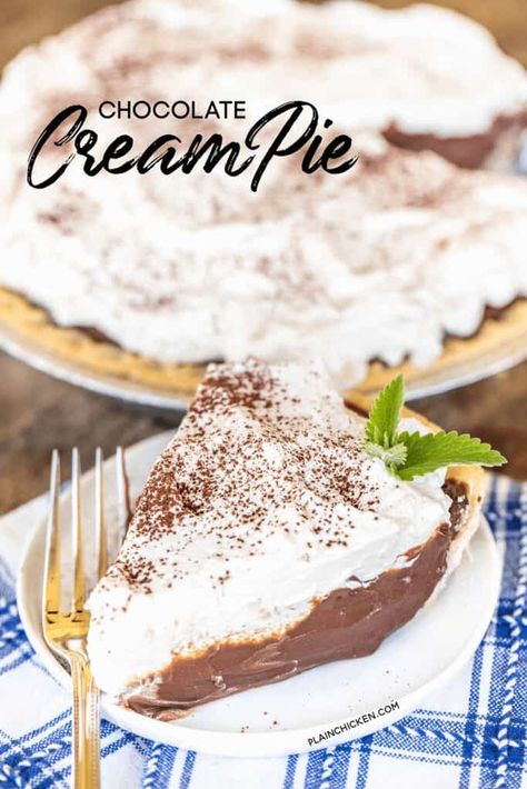 Chocolate Cream Pie - Plain Chicken Best Chocolate Cream Pie, Homemade Chocolate Pie, Potluck Dessert, Milk Pie, Chocolate Cream Pie Recipe, Pie Chocolate, Chocolate Pie Recipes, Chocolate Cream Pie, Plain Chicken