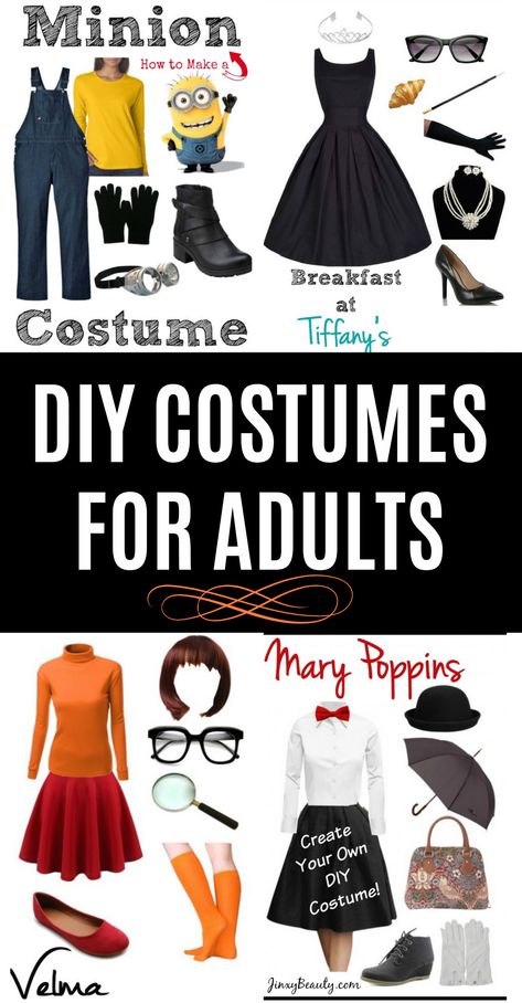 Diy Thing One Costume, Mary Poppins Diy Costume, Mary Poppins Outfit Ideas, Minion Adult Costume Diy, Adult Minion Costume Diy, Audrey Hepburn Fancy Dress, Diy Mary Poppins Costume, Work Appropriate Costumes, Velma From Scooby Doo