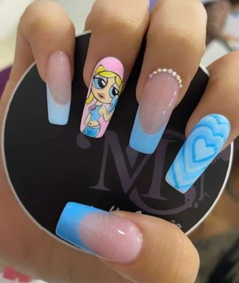 Cartoon Character Nails, Disney Acrylic Nails, Girls Nail Designs, Summer Nails Art, Uñas Aesthetic, Cow Nails, Fake Nails Designs, Halloween Acrylic Nails, Hippie Nails