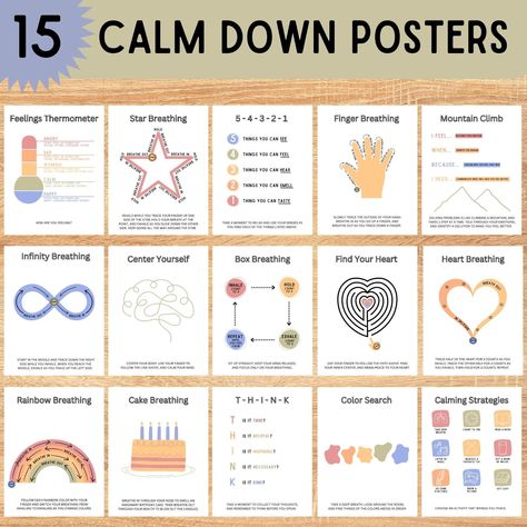 INCLUDES 15 DIFFERENT CALM DOWN MINDFULNESS POSTERS. The perfect addition or focus point to your classroom, calm down corner, therapy room, nursery, playroom, or library.  Included is a 15 page digital file that can easily be printed on standard 8.5'' X 11'' paper. I hope they helps bring extra joy, peace, and comfort to you on your trip around the sun!  🌎 Printable Details ☀️  * Size: 8.5x11 Inches * Instant Download: PDF File will be immediately available ⚠️If you have any questions or need h Calm Down Bulletin Board, Calming Room Ideas High School, Finger Tracing Calming Cards Free, Classroom Calm Down Corner, Calm Down Corner Classroom, Calming Room Ideas, Peace Corner, Proprioceptive Activities, Calming Room