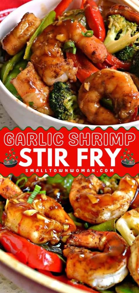 Whip up this easy garlic shrimp stir fry! It's a simple meal under 30 minutes. Complete with vegetables in a slightly spicy honey garlic sauce, this stir fry recipe is mouthwateringly good. Save this quick dinner idea! Shrimp Stir Fry Recipes, Garlic Shrimp Stir Fry, Recipe With Shrimp, Fry Shrimp, Stir Fry Shrimp Recipes, Fried Shrimp Recipes, Seafood Feast, Shrimp Stir Fry, Favorite Dinner