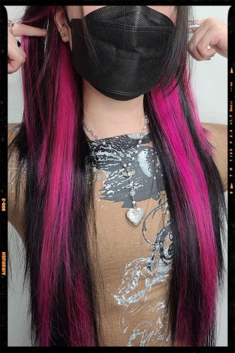 Hot Pink Peekaboo Pink Undercolor Hair, Hot Pink Underneath Hair Brown, Under Pink Hair Dye, Pink Pikaboo Highlights, Skunk Dyed Hair Pink, Black With Hot Pink Highlights, Hot Pink Hair Extensions, Hot Pink Peekaboo Highlights, Hot Pink Hair Dye Ideas