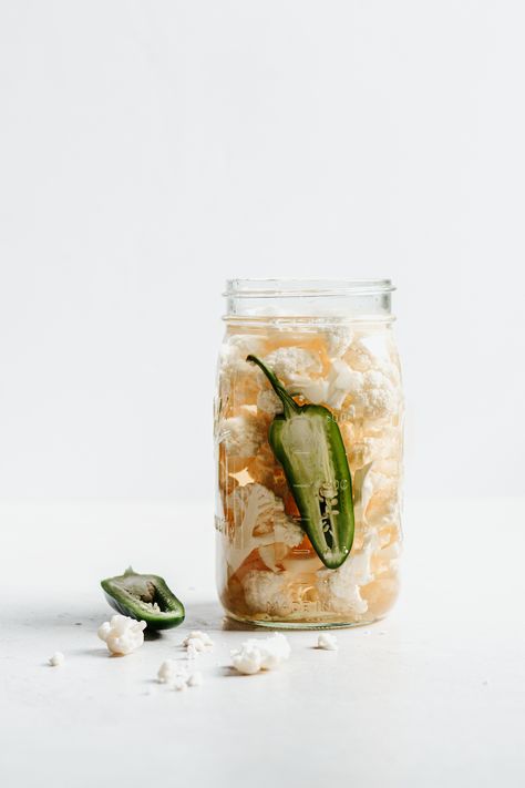 Spicy Pickled Cauliflower (quick pickles!) — Baked Greens Quick Pickled Cauliflower, Spicy Pickled Cauliflower, Eating Raw Vegetables, Spicy Pickle, Quick Pickles, Pickled Cauliflower, Spicy Pickles, Grain Bowls, Quick Pickled