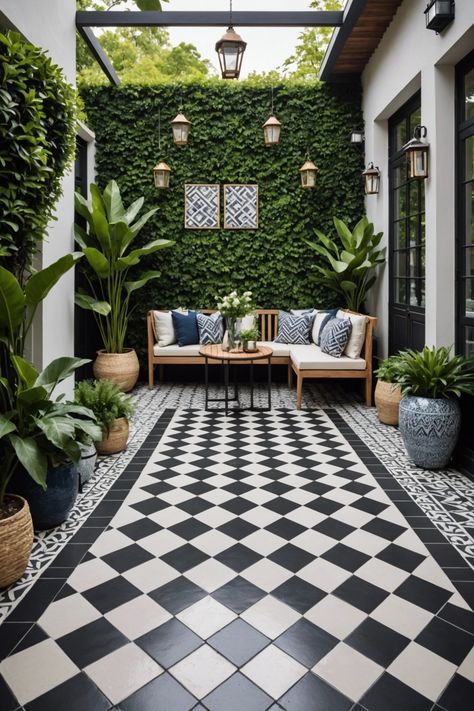 20 Small Patio Flooring Ideas To Brighten And Enlarge Your Outdoor Space - Toolz Geek Checkered Tile Outdoor, Checkerboard Outdoor Patio, Outdoor Tiling Ideas Patio, Small Patio Flooring, Small Patio Flooring Ideas, Terrace Ideas Outdoor, Outdoor Patio Tile Ideas, Patio Tiles Outdoor Flooring, Tile Backyard