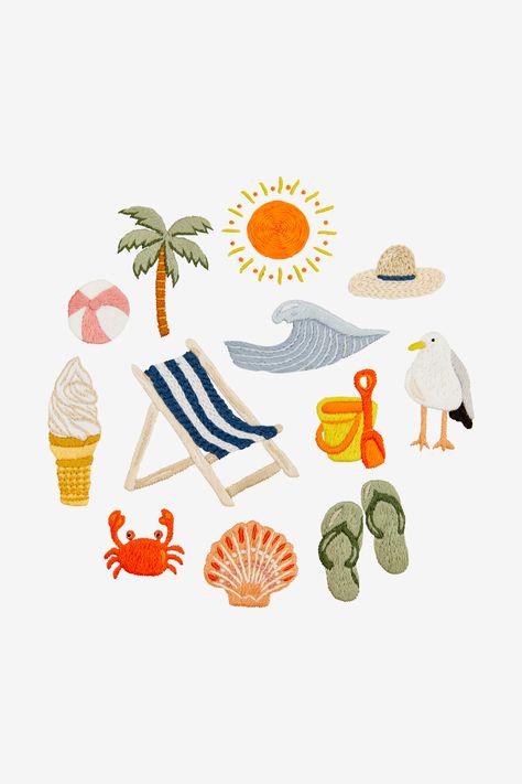 Beachy Embroidery Patterns, Summer Embroidery Patterns, Beach Pattern Illustration, Beach Embroidery Patterns, Boxer Embroidery, Beach Embroidery Designs, Beach Graphics, Beach Embroidery, The Beach With Friends