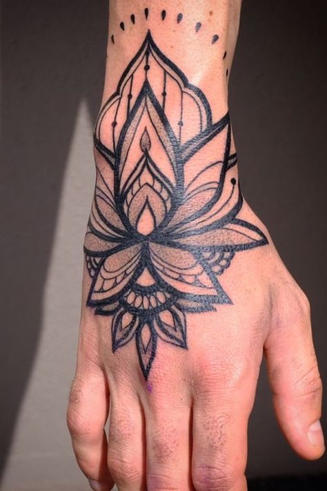 Geometric Hand Tattoo Men, Geometric Hand Tattoo, Hand Tattoo Men, Simple Hand Tattoos, Ornamental Mandala, Mandala Hand Tattoos, Catrina Tattoo, Henna Inspired Tattoos, Forearm Band Tattoos