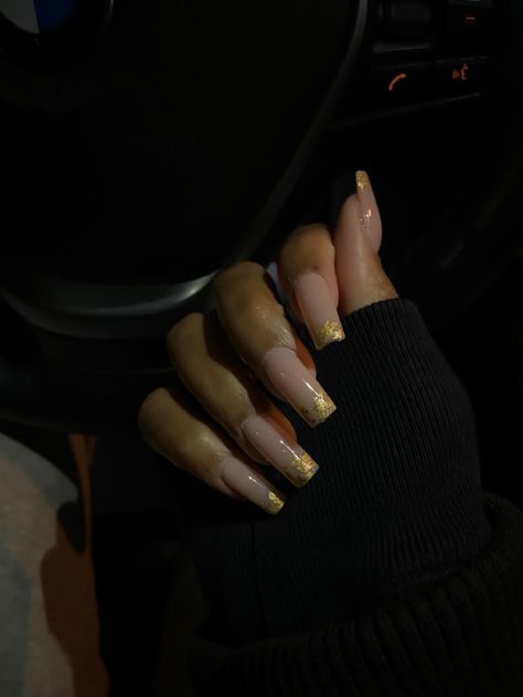 Nye Nail Ideas Square, Gold Accented Nail Inspiration, Gold Square Nails, Eid Nails, Gold Foil Nails, Gold Tip Nails, Nails Long Square, Gold French Tip, Gold Accent Nail