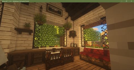 Minecraft Bedroom w/ window seats, log bed frame, plants, paintings. Mizunos 16 Craft, Mizunos CITs, Ghoulcraft, BSL shaders. Mizunos 16 Craft, Log Bed Frame, Minecraft Plants, Frame Plants, Minecraft Rooms, Plants Paintings, Mc House, Minecraft Idea, Aesthetic Minecraft