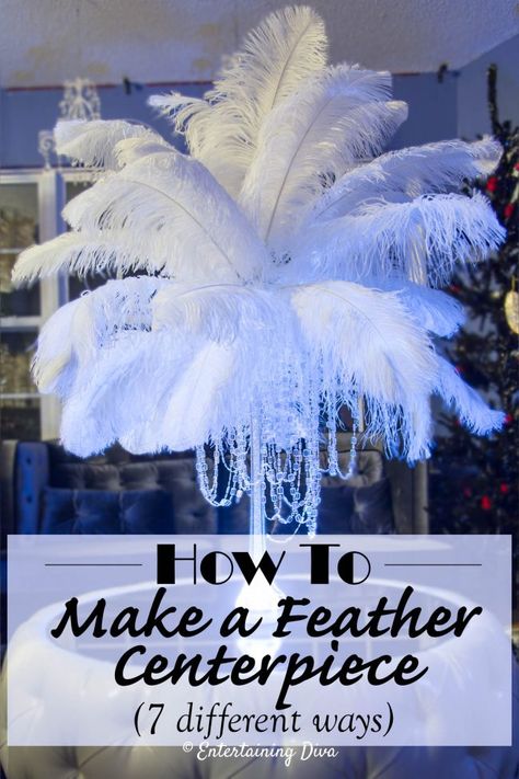 Gorgeous DIY Feather Centerpieces: How To Make Ostrich Feather Centerpieces (+ 7 variations) Diy Ostrich Feather, Gatsby Christmas, Masquerade Centerpieces, Gatsby Birthday, Ostrich Feather Centerpieces, Gatsby Party Decorations, Diy Feather, Eiffel Tower Vases, Tower Vase