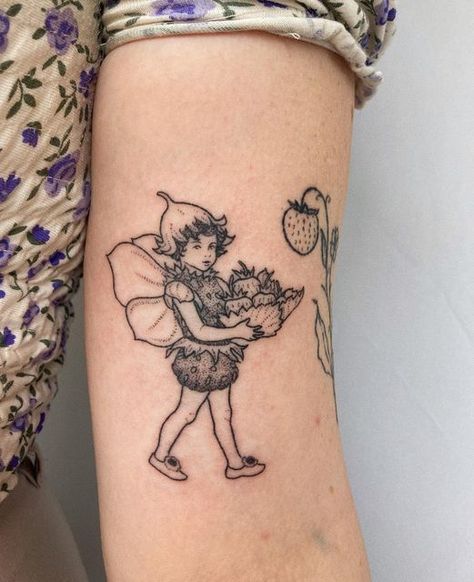 Ellie - Handpoked tattoos on Instagram: "🍓 I can’t get over how cute this little strawberry fairy is!! Swipe for a close up 🍓" Cottagecore Tattoo, Pixie Tattoo, Strawberry Fairy, Strawberry Tattoo, Whimsical Tattoos, 16 Tattoo, L Tattoo, Fairy Tattoo Designs, Mushroom Tattoos