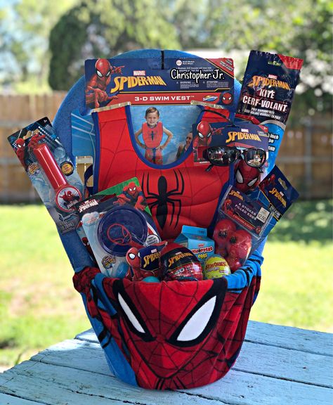 Spider-Man Easter Basket | Pool Noodle Easter Basket | Spider-Man Towel | Spider-Man Swim Vest | Toddler Boy Easter Basket Man Easter Basket, Kids Valentine Baskets, Mens Easter Basket, Boy Easter Basket, Easter Basket Themes, Toddler Boy Easter, Boys Easter Basket, Baby Easter Basket, Spiderman Gifts