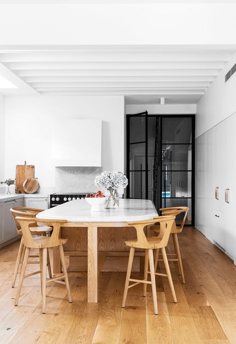 An old Victorian charmer in Mosman gets a polished upgrade Oval Kitchen Island, Dusting Tips, Exposed Beams Ceiling, Steel Frame Doors, Pitched Ceiling, Painted Brick Walls, Bedroom Victorian, Joinery Design, Timber Ceiling