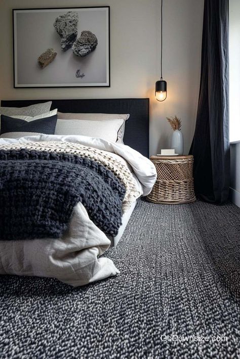 For this space, we can see inspiration from the stone texture with the artwork and the mixed fiber carpet. Charcoal Carpet Bedroom, Black Carpet Bedroom, Bedroom Carpet Ideas, Carpet Ideas, Carpet Bedroom, Black And White Theme, Black Carpet, Bedroom Color Schemes, Grey Carpet