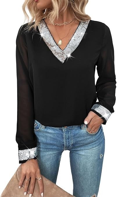 Verdusa Women's Contrast Mesh Long Sleeve V Neck Sequin Blouse Shirt Top Black L at Amazon Women’s Clothing store Turtleneck Pattern, Sequins Top, Chiffon Tops Blouses, Chiffon Blouses, Number Shirt, Sequin Blouse, Sequin Outfit, Autumn 2022, Sequin Shirt