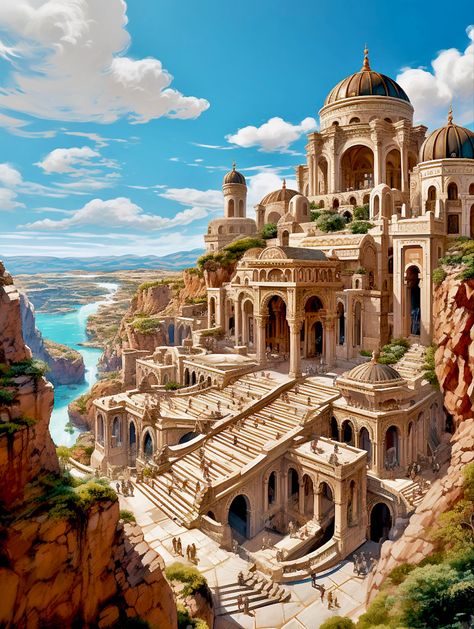 Ancient City Drawing, Roman City Fantasy Art, Roman City Art, Roman Fantasy City, Fantasy Mediterranean City, Roman City Concept Art, Fantasy Temple Concept Art, Roman Buildings Architecture, Roman Fantasy Art