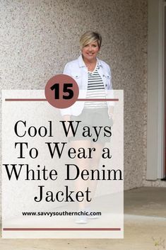 15 Ways to style a white denim jacket with summer outfits. #fashionover40 #summeroutfits #outfitideas White Jean Jacket With Dress, Styling A White Denim Jacket, Styling A White Jean Jacket, How To Style A White Jean Jacket, Outfits With White Denim Jacket, How To Style White Denim Jacket, White Jean Jacket Outfits Summer, White Demin Jacket Outfits, All White Denim Outfit