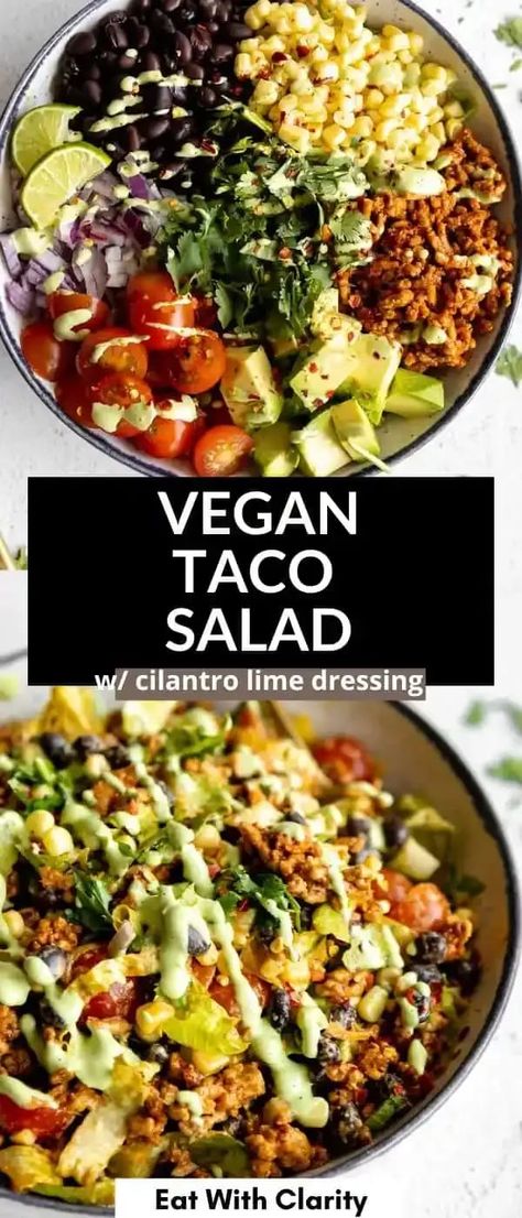 This simple vegan taco salad is fresh, easy to make, packed with protein from black beans and vegan taco meat. With tomatoes, corn and creamy avocado. This vegan salad is healthy and topped with a cilantro lime vinaigrette dressing. Lime Vinaigrette Dressing, Cilantro Dressing Recipe, Vegan Taco Meat, Avocado Cilantro Dressing, Vegan Taco Salad, Vegan Tacos Meat, Cilantro Lime Vinaigrette, Vegan Taco, Vegan Summer Recipes