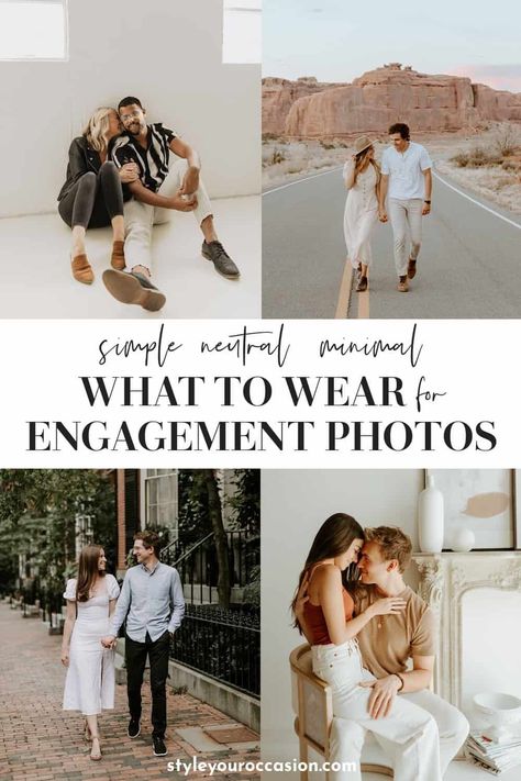 Looking for engagement photos outfits? Here’s what to wear for engagement photos whether you are going to the beach or city (or somewhere in between). The outfits guide will give you tons of inspiration for your session no matter if the shoot is in spring, summer, fall, or winter. Classy, neutral, minimal, and chic is what it’s all about! Engagement Photos Outfits For Him, Neutrals Engagement Photos, Chic Minimal Wedding Dress, Men’s Engagement Picture Outfit, Cream Dress Engagement Photos, Engagement Photos Outfits Guys, Engagement Photos Outfit Inspiration, Sweatpants Engagement Pictures, Neutral Engagement Photos Outfit Ideas