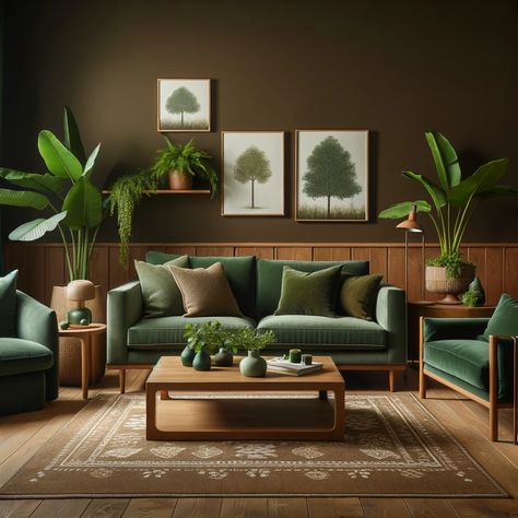 21 Exquisite Furniture Colors for Brown Walls Green Sofa Brown Wall, Brown And Green Living Room, Brown Lounge, Green Sofa Living Room, Furniture Colors, Green Living Room Decor, Chambre Inspo, Olive Green Walls, Living Room Wall Color