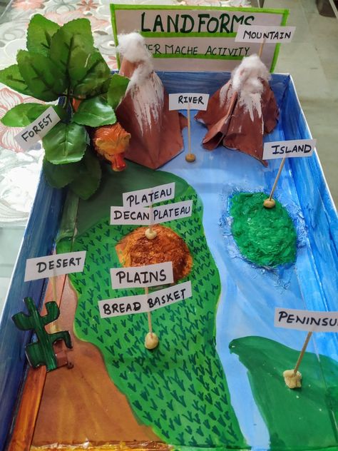 Edible Landforms Project, Different Landforms Model, Landforms Bulletin Board Ideas, Landforms Of India Project, Geography Landforms Project, Landform Diorama Projects, Landform Projects For Kids 2nd Grade, Landforms Project For Kids, Types Of Landforms Project