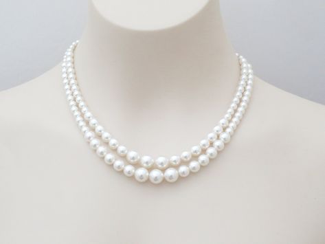 "Double Gradual Swarovski Pearl Necklace,Pearl Necklace,Layered Necklace,Pearl Choker,Gift for Her,Wedding Necklace,Double Layer,Gold Pearl Necklace,Layering Necklace,Pearl Jewelry,Wedding Jewelry,White Pearl Necklace,Wedding,Statement Necklace,Swarovski Necklace Item details ♪ Gold or silver clasp ending  ♪ Beautiful classic pearl necklace  ♪ Swarovski white pearls only. High quality simulated pearls ♪ Pearl size from 4mm - 10mm  ♪ Necklace length:  17-18 inch ♪ Anything longer than 18\" will b Double Pearl Necklace, Pearl Necklace Layered, Choker Necklace Wedding, Everyday Jewelry Gold, Pearl Neck, Swarovski Pearl Necklace, Classic Pearl Necklace, Layered Pearl Necklace, Pearl Necklace Vintage