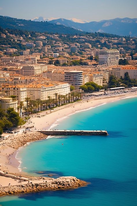 The sunny coastline of Cannes, with a clear view of the beach and the sea. Cannes France Beach, Study Abroad Rome, Cannes Summer, Monaco Summer, Cannes Beach, Beach Looks, South France, Beautiful Cities, Cannes France