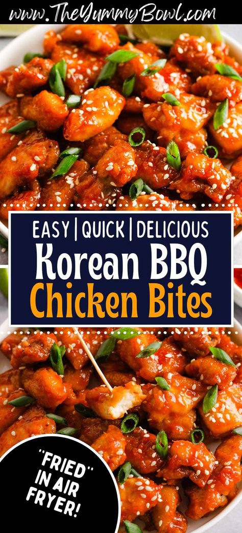 Discover the ultimate Korean BBQ Fried Chicken Bites made easy in the air fryer. Crispy, flavorful, and healthier—perfect for a quick, delicious meal Asian Chicken Bites Recipe, Korean Chicken Bbq Recipes, Easy Chicken Air Fryer Meals, Chicken Korean Bbq, Korean Fried Chicken Bites, Crispy Chicken Bites Air Fryer, Korean Chicken Dishes, Asian Chicken Air Fryer Recipes, Air Fryer Korean Fried Chicken