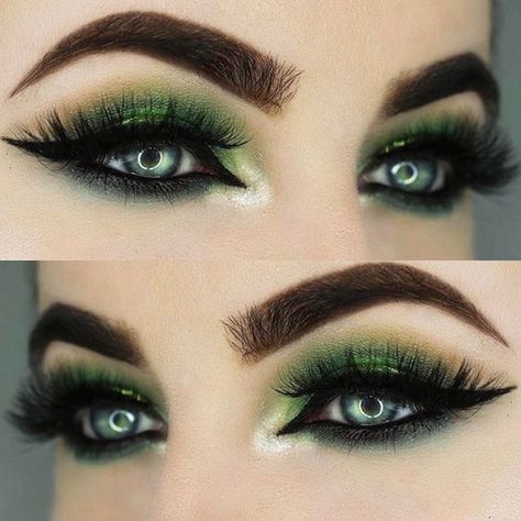 The Emerald Eye Makeup Trend That's Taking Over Instagram Will Inspire You To Go Green Emerald Green And Black Makeup, Emerald Eye Makeup, Witch Eyes, Green Eyeshadow Look, Eye Makeup Cut Crease, Eye Makeup Images, Witch Makeup, Emerald Eyes, Queen Makeup