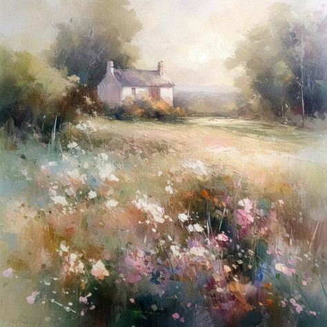 Oil style fine art painting of the English countryside cottage with romantic floral meadow, flowers field in soft pastel royalty free stock photos English Countryside Cottage, Pastel Photo, Floral Meadow, Flowers Field, Countryside Cottage, Cottage Painting, Flower Landscape, Meadow Flowers, Romantic Photos