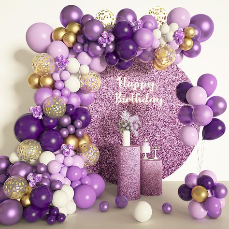 Purple Balloons Garland, Gold White Balloons, Light Pastel Purple, Purple Party Decorations, Balloon Arch Decorations, Wedding Anniversary Decorations, Gold Confetti Balloons, Purple Balloons, Metallic Balloons