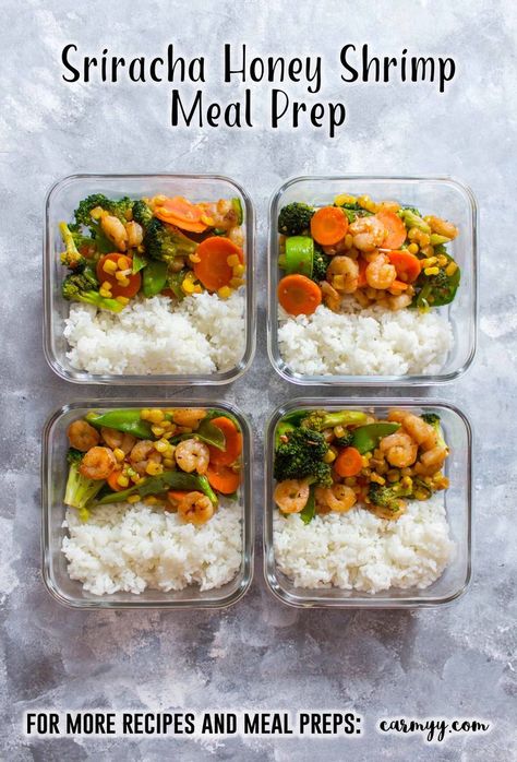 This Sriracha Honey Shrimp Meal Prep is perfect for days where you are craving a stir fry. Made in under 30 minutes, this pan-seared shrimp with veggies mixed in, is the perfect blend of sweet and hot. This Sriracha Honey Shrimp recipe is not only great as a meal prep but perfect as a quick weeknight dinner. via @runcarmyrun Prawn Meal Prep, Shrimp Meal Prep High Protein, Shrimp Diet Recipes, Glass Meal Prep Recipes, Shrimp Meal Prep Ideas, Shrimp With Veggies, Rice Bowl Ideas, Board Meals, Mealprep Lunch