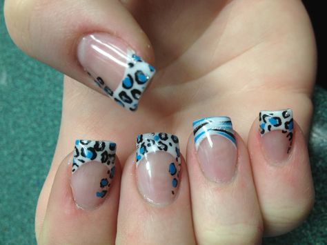 Blue, black, silver Leopard and zebra print nail design. Nails by SarahO Nails Acrylic Elegant, Silver Acrylic Nails, Zebra Print Nails, Zebra Nails, Cheetah Nails, Almond Nut, Punk Nails, Nagel Tips, Grunge Nails