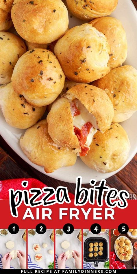 To make this quick and easy pizza snack, simply wrap some flaky biscuit dough around pepperoni and mozzarella, top it with butter and Italian seasoning and cook it up in the air fryer! Air Fryer Pizza Bombshell, Air Fryer Canned Biscuit Recipes, Air Fryer After School Snacks, Air Fry Pizza Rolls, Air Fryer School Lunch Ideas, Christmas Air Fryer Recipes, Easy Food To Make At Home For Lunch, Pizza Bites With Biscuits, Air Fryer Supper Ideas