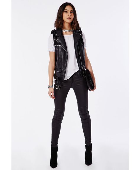 Biker Vest Outfit Woman, Black Leather Vest Outfits For Women, Black Leather Biker Vest, Faux Leather Vest Outfit, Sleeveless Leather Jacket Outfit, Leather Gilet Outfit, Moto Vest Outfit, Black Leather Vest Outfit, Leather Vest Outfits For Women