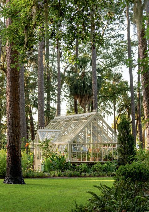 Greenhouse Surrounded By Garden, White Greenhouse Aesthetic, Big House Garden, Beautiful Green Houses, English Garden Greenhouse, Barndominium With Greenhouse, Fancy Greenhouse, Mansion Greenhouse, Whimsical Greenhouse